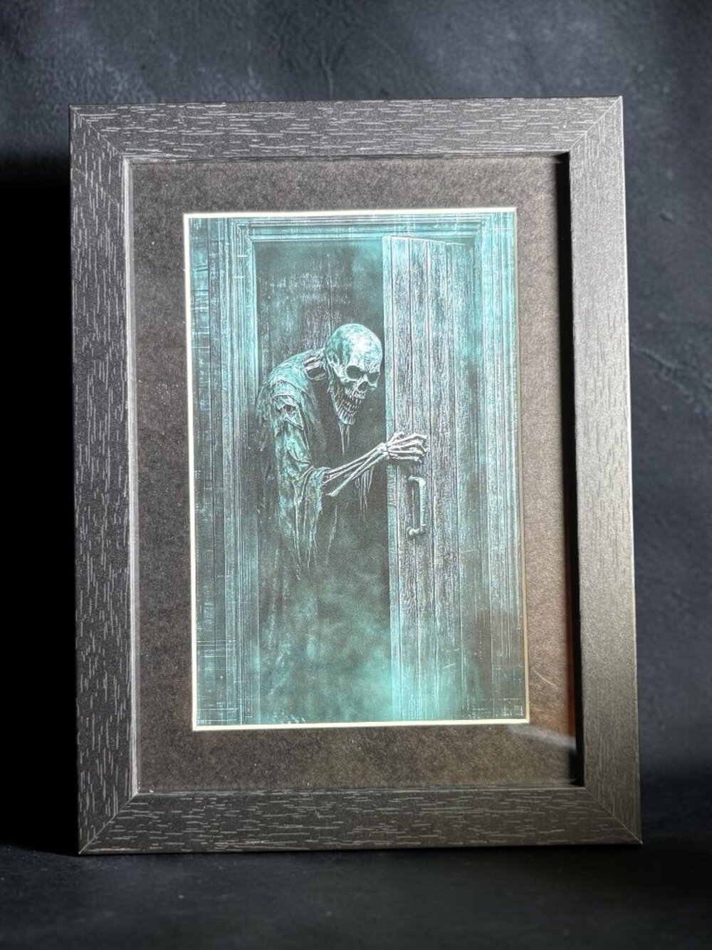 Skeleton at the Door Framed Art | 5x7 Horror Décor